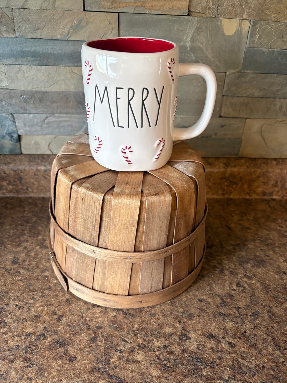 Rae Dunn MERRY Candy Cane Holiday Mug - White with Red Interior